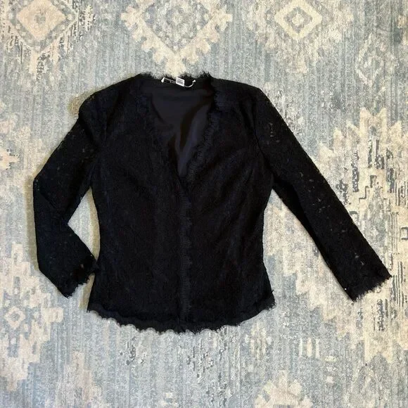 Diane von Furstenberg Shirt 6 Women Blk Lace Top ButtonUp Sheer Long Sleeve $298 - Picture 8 of 12